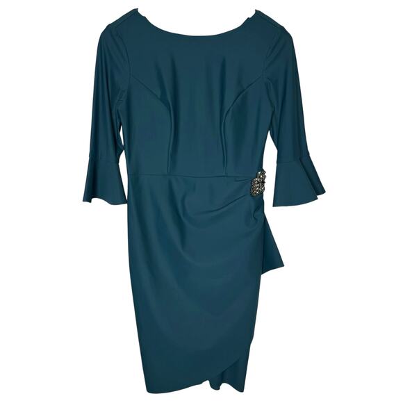 Alex Evenings Scuba Compression 3/4 Sleeve Ruffle Sheath Dress Teal size 2 - Picture 2 of 7